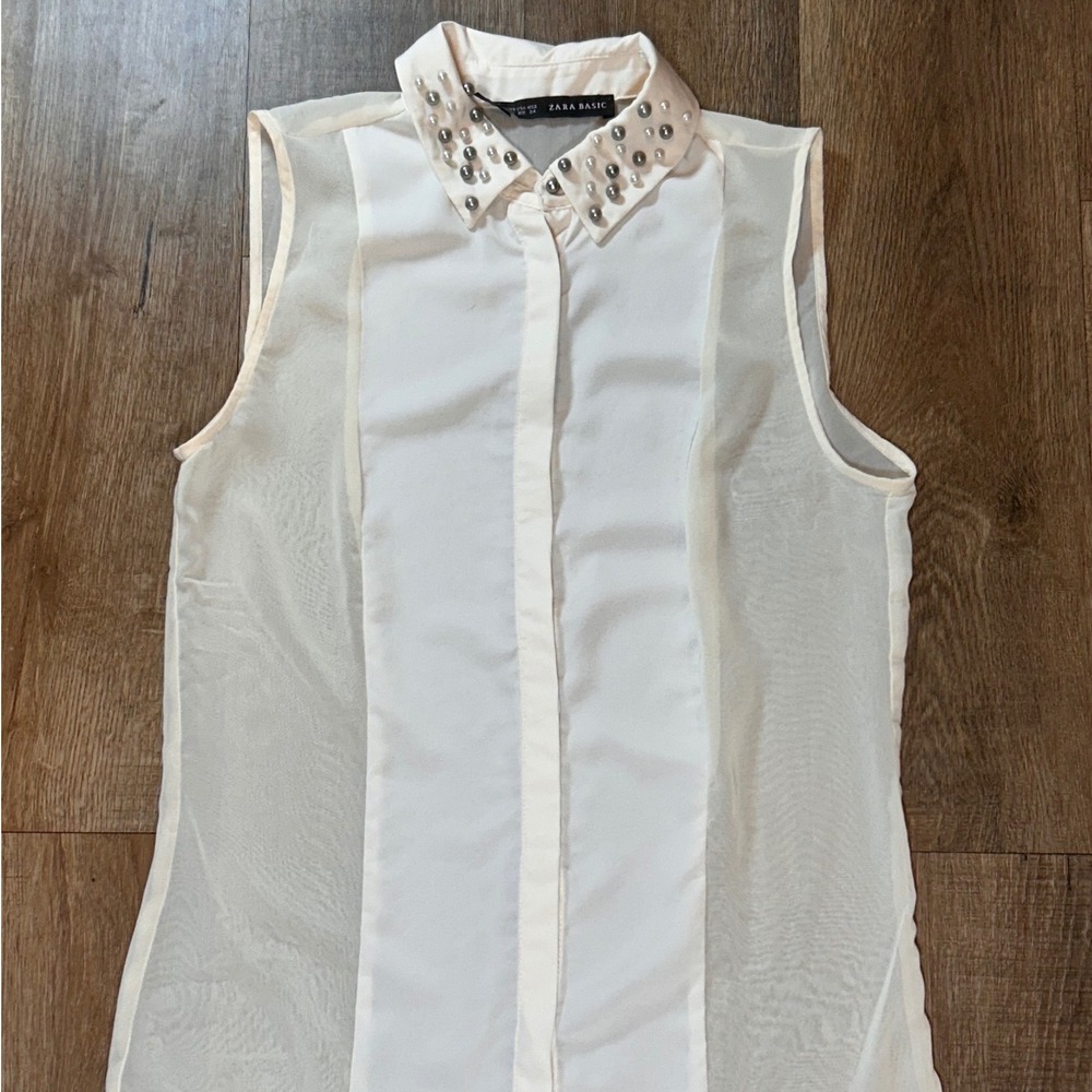 Zara Basic Romantic Sleeveless Studded Pearl Collar Sheer Panel Blouse Cream XS
